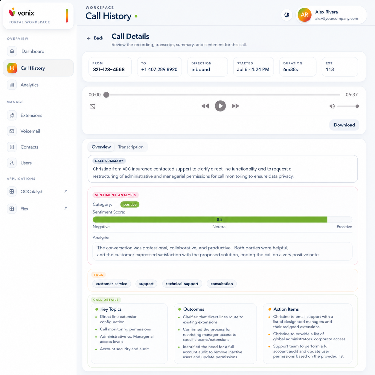 Vonix AI call insights showing sentiment analysis, key topics, outcomes, and action items